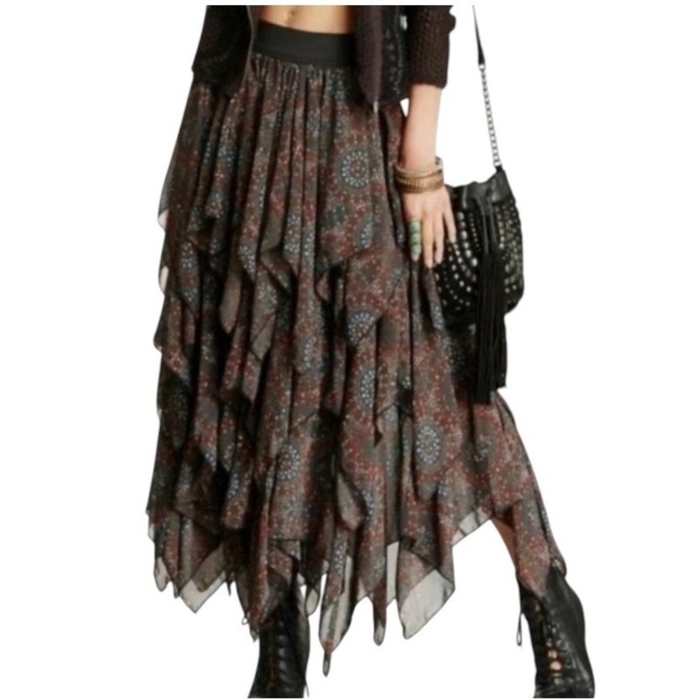 Free People Georgette Tiered Boho Maxi Skirt Medallion Size Medium